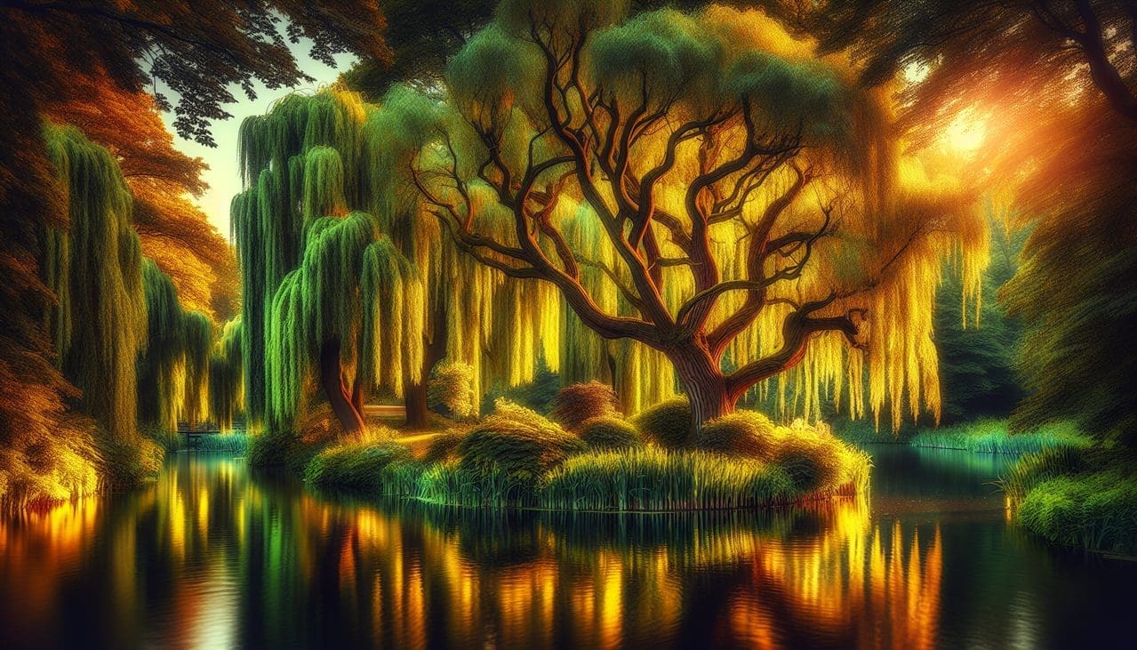 Arbre W bord de rivière, reflet arbres Weeping Willows sous lumière dorée.