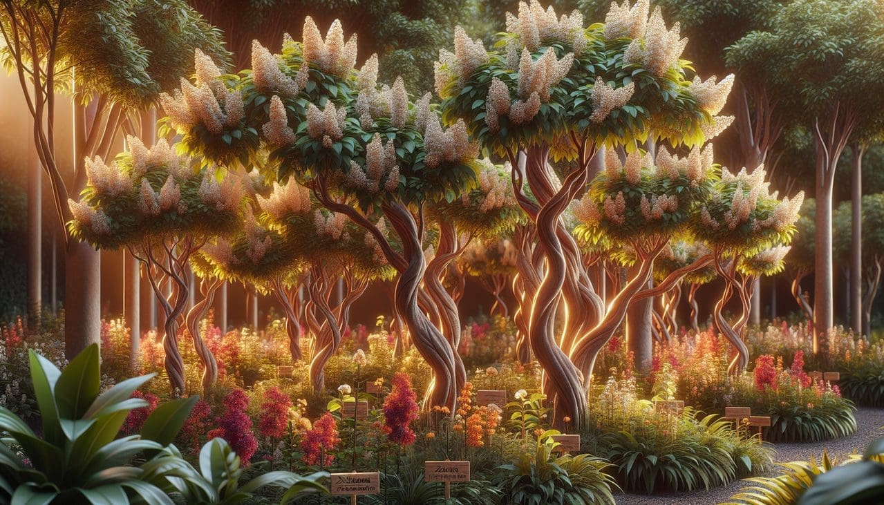 Arbre en X - Xylosma trees with vibrant foliage, flowers, bark, and leaves in garden under setting sun.