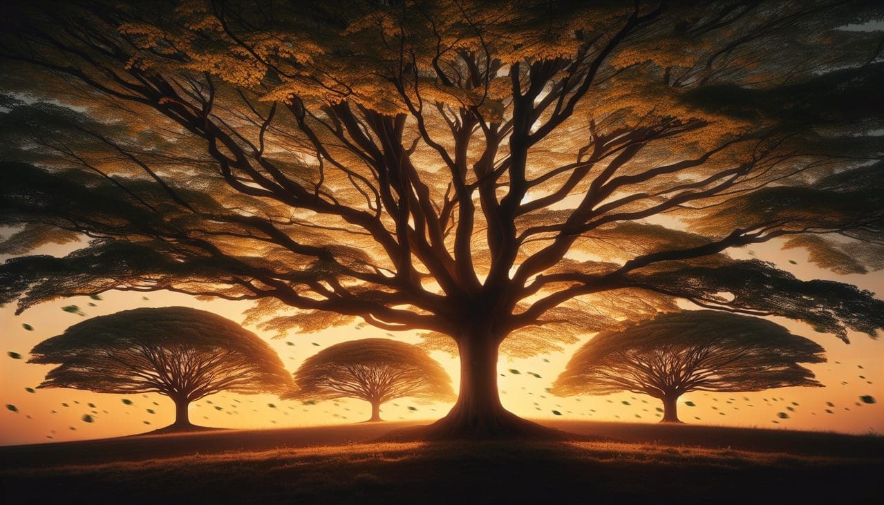 Arbre en Z au coucher du soleil, détaillé avec texture d'écorce et feuillage.