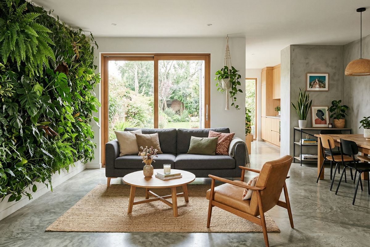 Salon accueillant d'une maison aimable avec plantes vertes et lumière douce