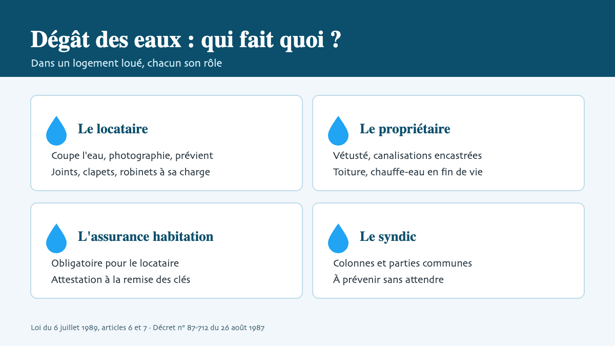 Dégât des eaux dans un logement loué : les bons réflexes, et qui paie quoi