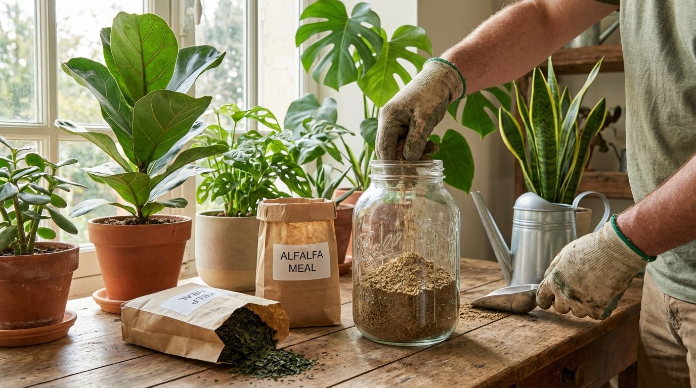 Préparation d'un engrais fait maison pour plantes d'intérieur versée à l'arrosoir près de pots de plantes vertes