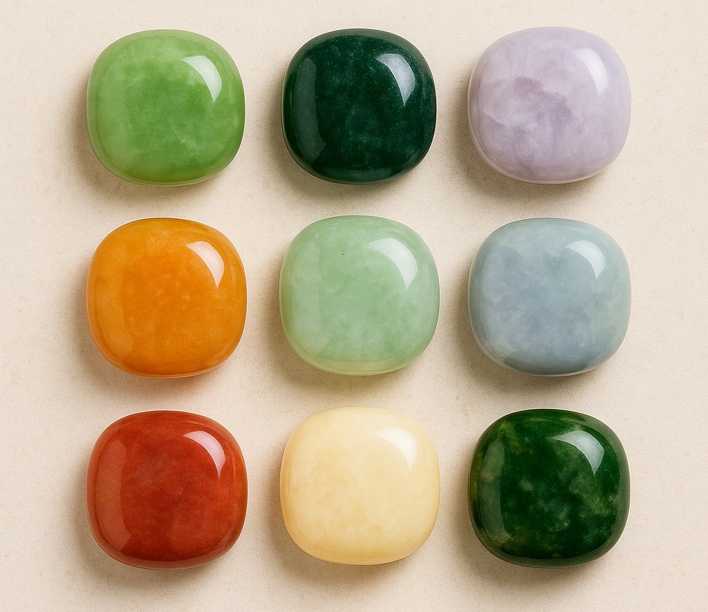 Pierre de jade vert poli, galet et bijoux en jadéite et néphrite