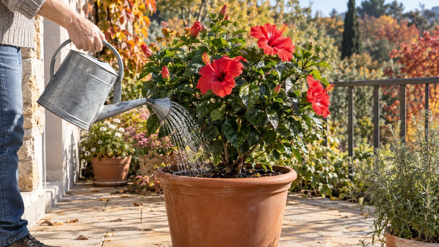 Hibiscus en pot aux grandes fleurs rouges sur un balcon ensoleillé
